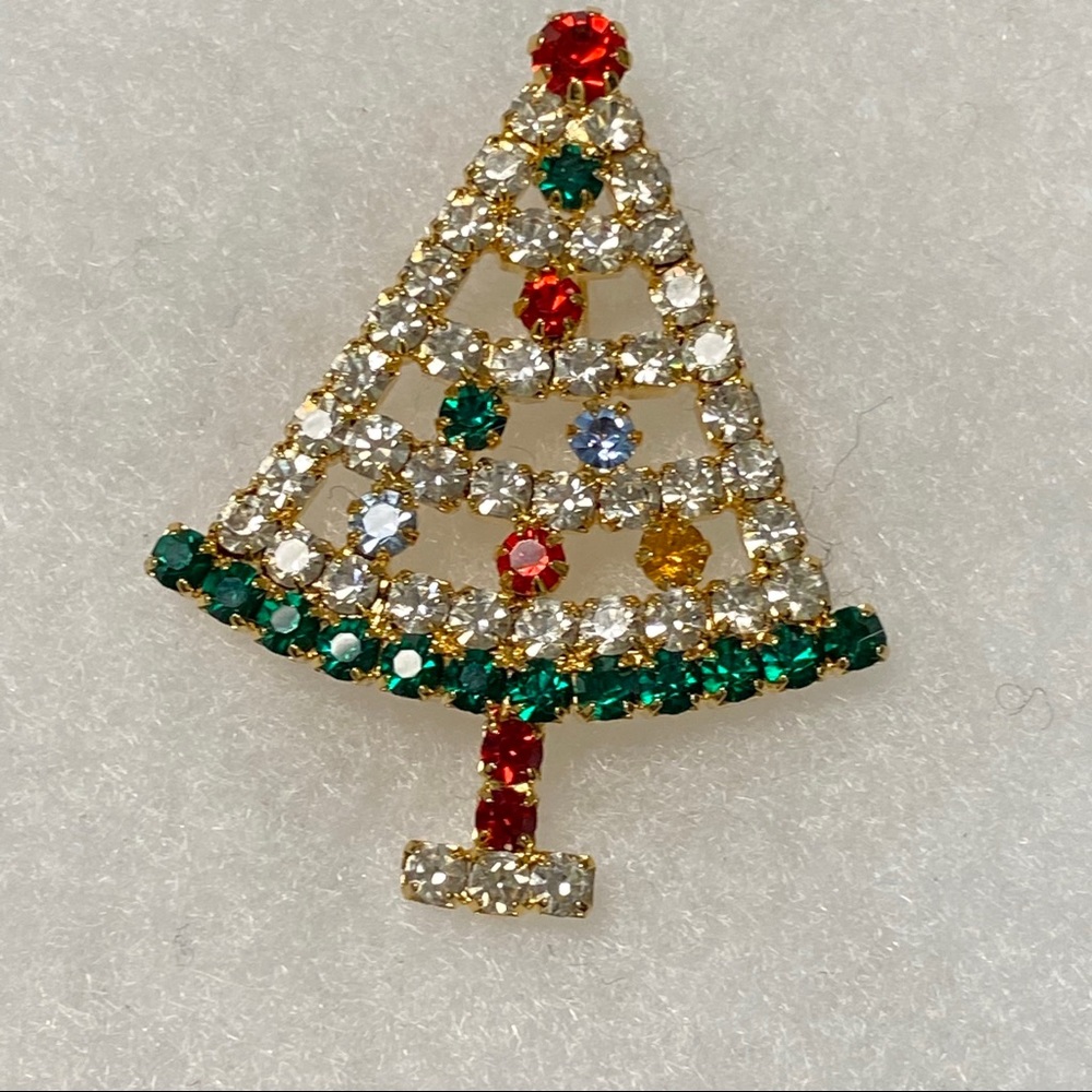 BROOCH PIN CHRISTMAS TREE XMAS HOLIDAY BLING RHINESTONES GOLD